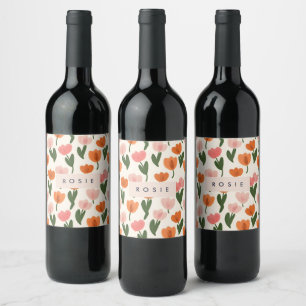 Monogram Personalised Cute Spring Tulip Pattern Wine Label