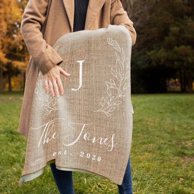 Monogram personalised family name rustic jute fleece blanket (Creator Uploaded)