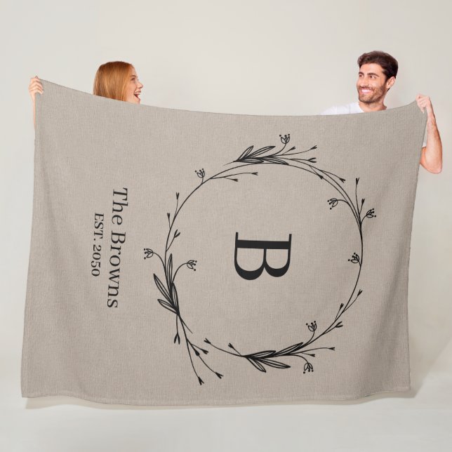 Monogram Personalised Family Name Rustic Linen  Fleece Blanket (In Situ)