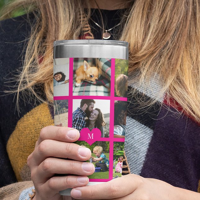 Monogram personalised modern multi photo collage insulated tumbler (Creator Uploaded)