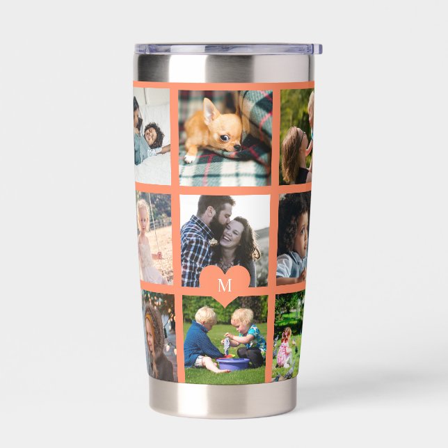 Monogram personalised modern multi photo collage insulated tumbler (Left)