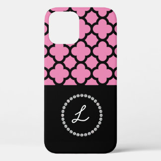 Monogram Personalised Monogram Pink Black Diamante iPhone 12 Case