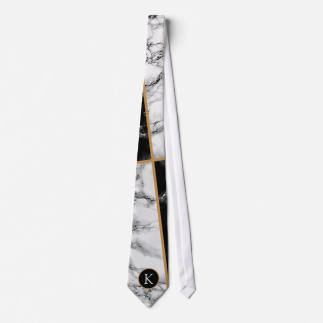 Monogram Personalised Neck Tie Black White Marble (Front)