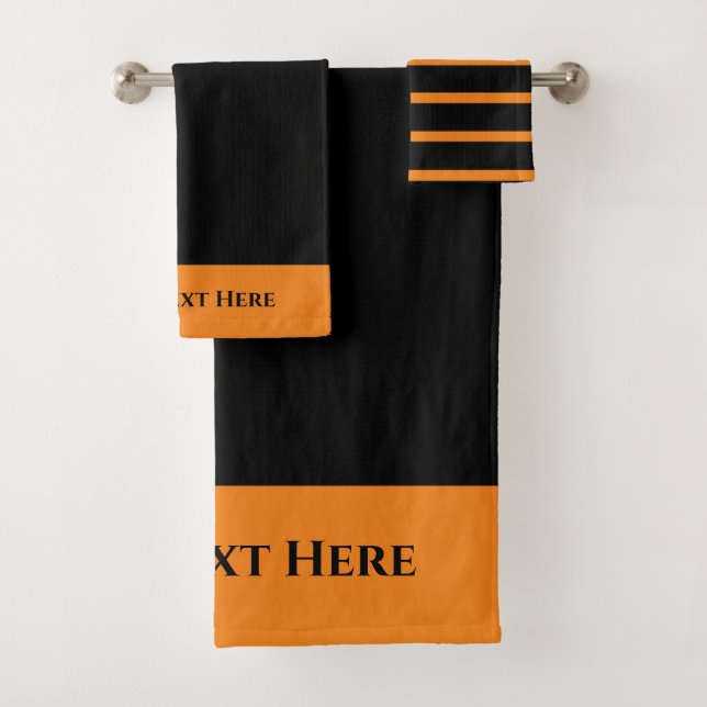 Monogram Personalised Orange Black Striped Solid Bath Towel Set (Insitu)