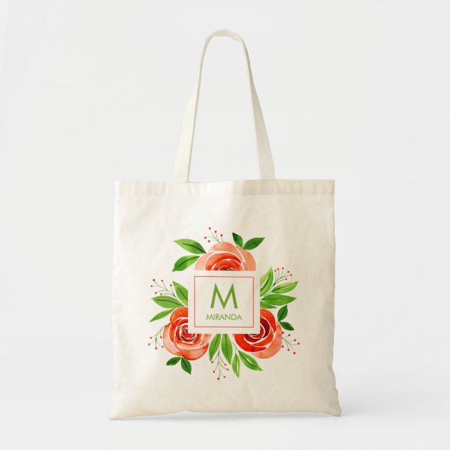 Monogram Personalised Peach Watercolor Floral Tote Bag (Front)