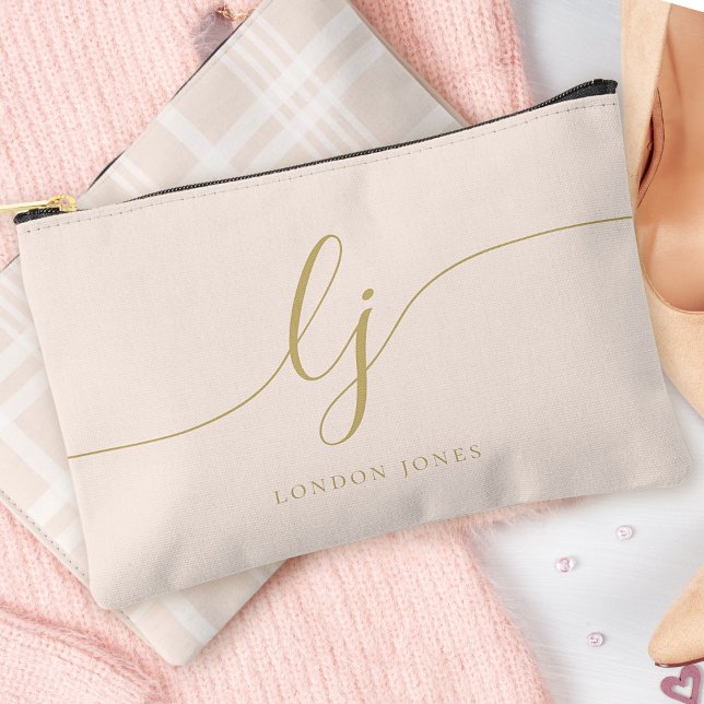Monogram Personalised Pink Gold Initial Name Plaid Accessory Pouch (Creator Uploaded)