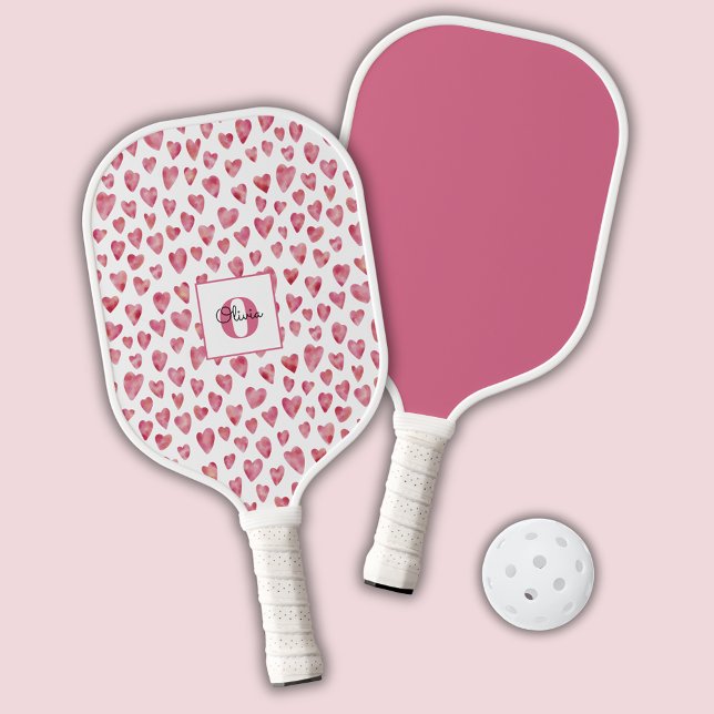 Monogram Personalised Pink Heart Pickleball Paddle (Pink watercolor love heart personalized pickleball paddle)