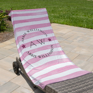 monogram personalised pink stripes  beach towel