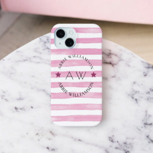 monogram personalised pink stripes  iPhone 15 case