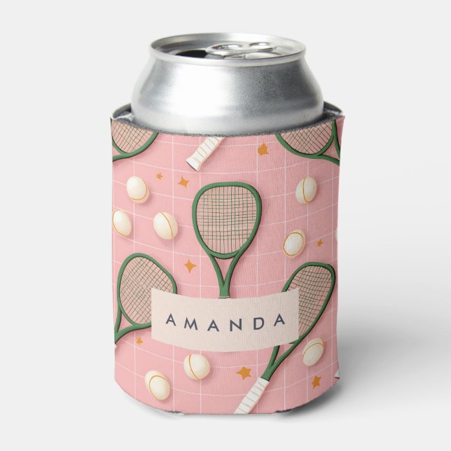 Monogram Personalised Retro Tennis Racket Pattern Can Cooler (Can Front)
