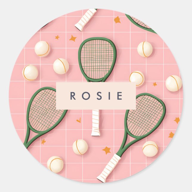 Monogram Personalised Retro Tennis Racket Pattern Classic Round Sticker (Front)