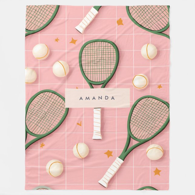 Monogram Personalised Retro Tennis Racket Pattern Fleece Blanket (Front)