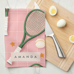Monogram Personalised Retro Tennis Racket Pattern Tea Towel