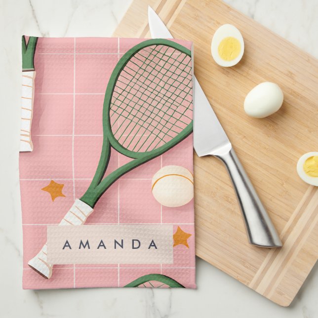 Monogram Personalised Retro Tennis Racket Pattern Tea Towel (Quarter Fold)