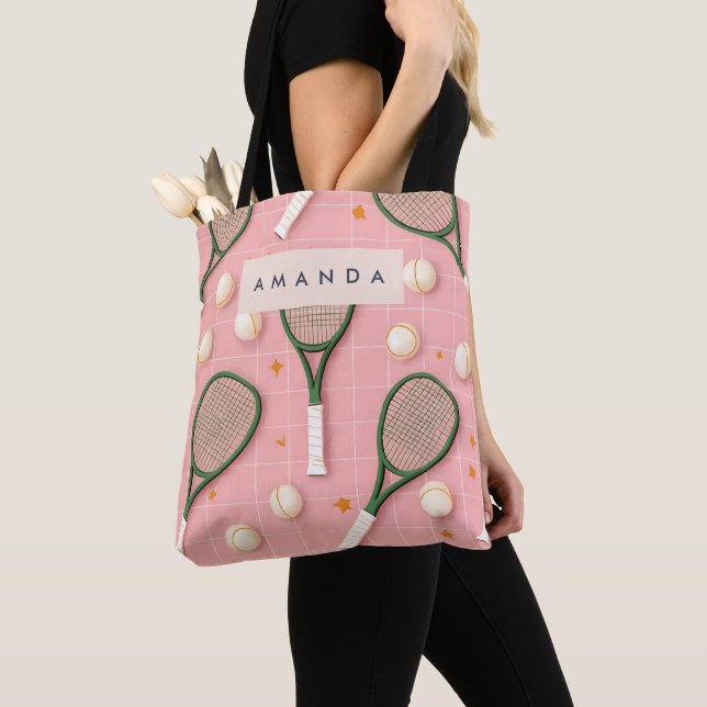 Monogram Personalised Retro Tennis Racket Pattern Tote Bag (Close Up)