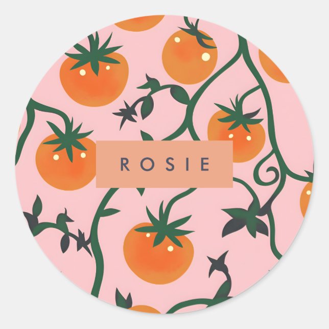 Monogram Personalised Retro Tomato Vine Pattern Classic Round Sticker (Front)