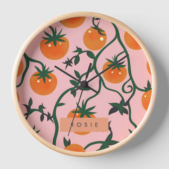 Monogram Personalised Retro Tomato Vine Pattern Clock (Front)