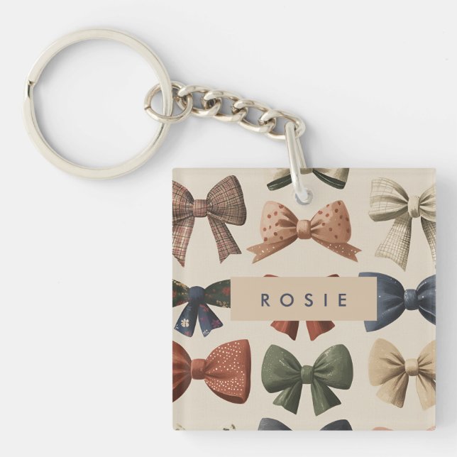 Monogram Personalised Retro Vintage Bow Pattern Key Ring (Front)