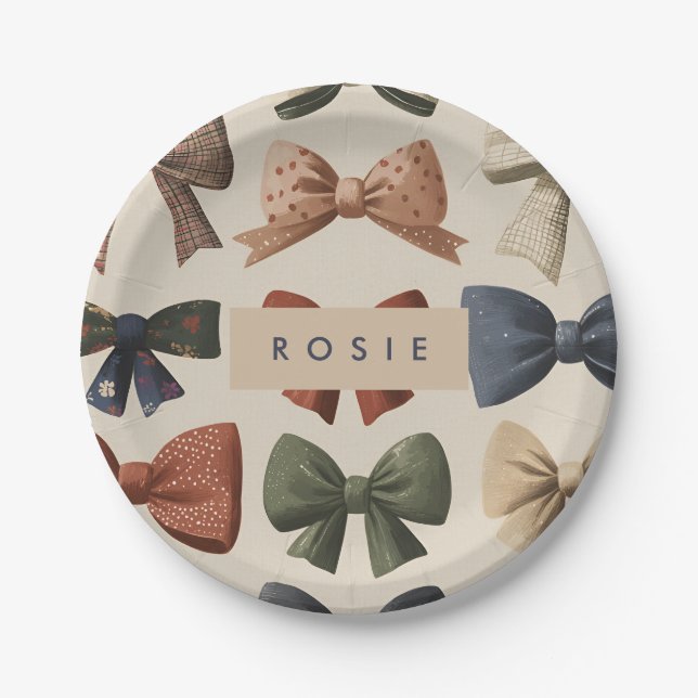 Monogram Personalised Retro Vintage Bow Pattern Paper Plate (Front)