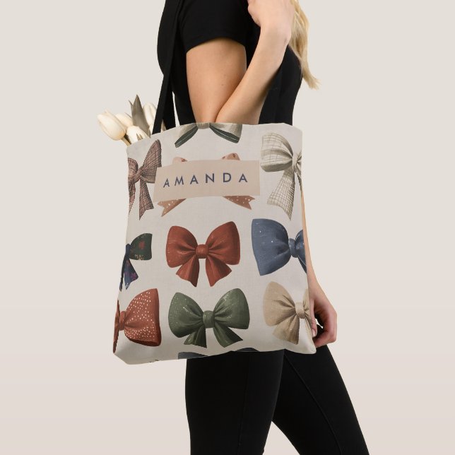 Monogram Personalised Retro Vintage Bow Pattern Tote Bag (Close Up)