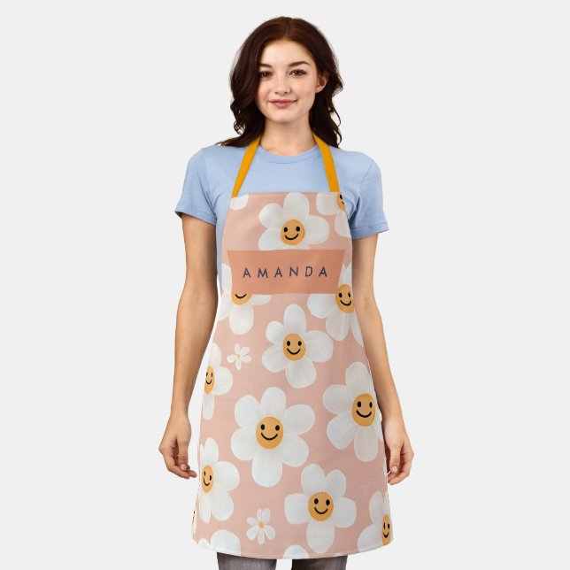Monogram Personalised Smile Daisy Floral Pattern Apron (Worn)