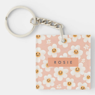 Monogram Personalised Smile Daisy Floral Pattern Key Ring