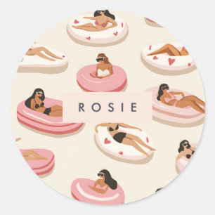 Monogram Personalised Summer Pool Float Pattern  Classic Round Sticker
