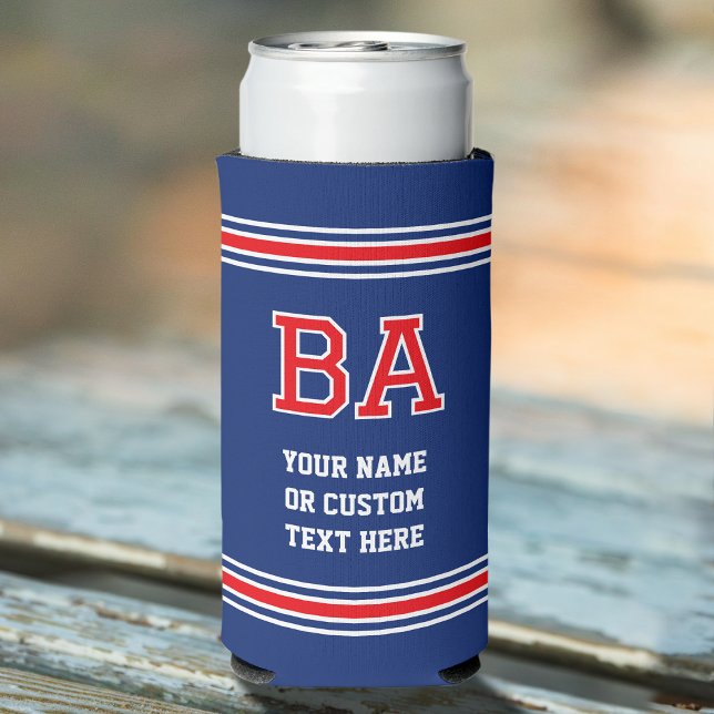 Monogram Personalised Text Navy Red Seltzer Can Cooler (Creator Uploaded)