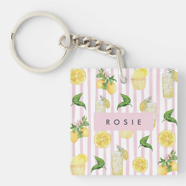 Monogram Personalised Watercolor Lemons Lemonade Key Ring (Front)