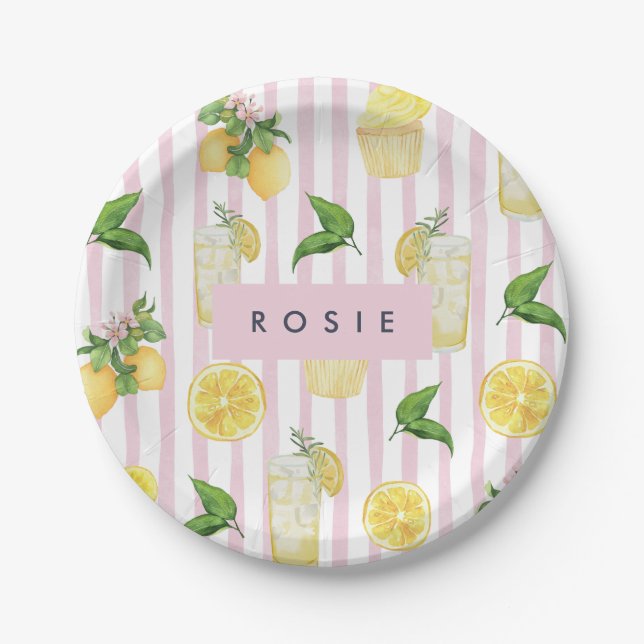 Monogram Personalised Watercolor Lemons Lemonade Paper Plate (Front)