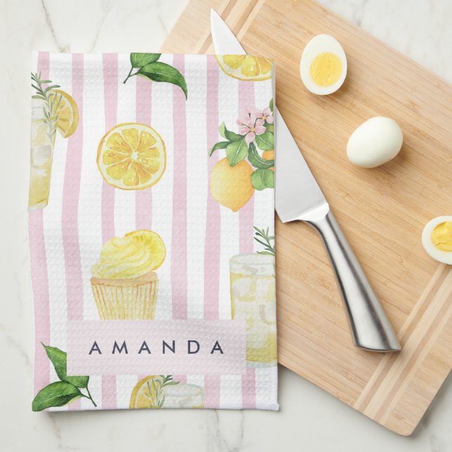 Monogram Personalised Watercolor Lemons Lemonade Tea Towel (Quarter Fold)