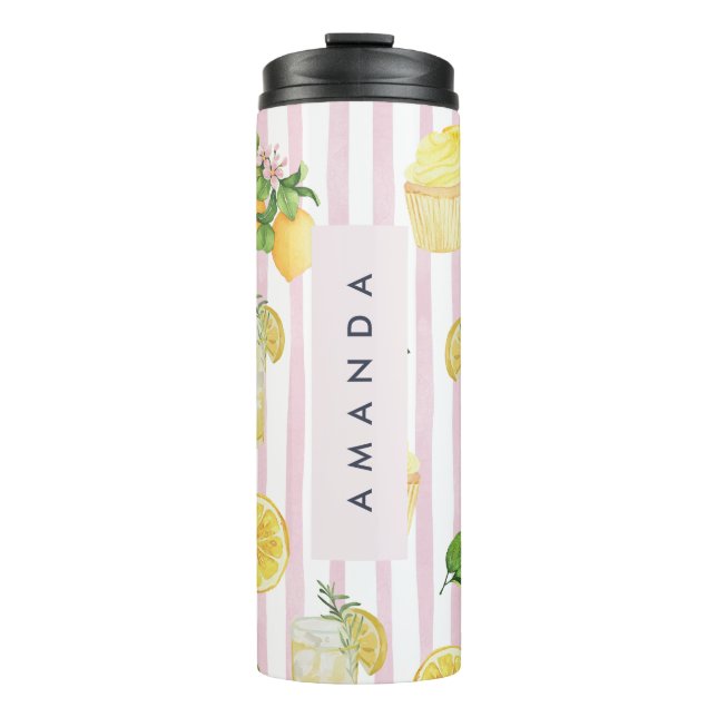 Monogram Personalised Watercolor Lemons Lemonade Thermal Tumbler (Front)