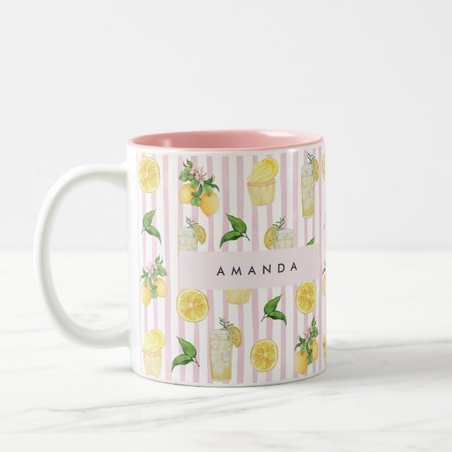 Monogram Personalised Watercolor Lemons Lemonade Two-Tone Coffee Mug (Left)