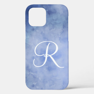 Monogram Personalize Blue and White Watercolor iPhone 12 Case
