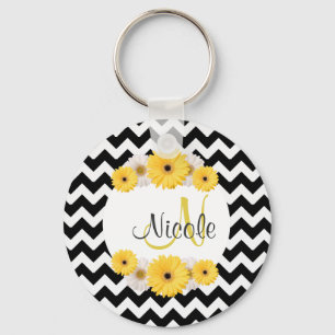 Monogram Personalized black white chevron Daisy Key Ring
