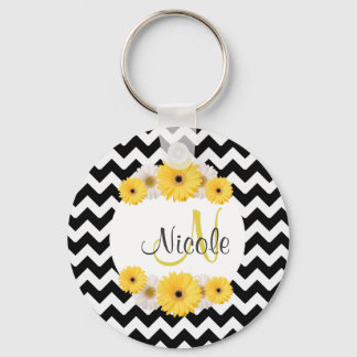 Monogram Personalized black white chevron Daisy Key Ring