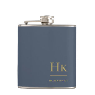 Monogram Personalized Classic Navy Blue Gold Hip Flask
