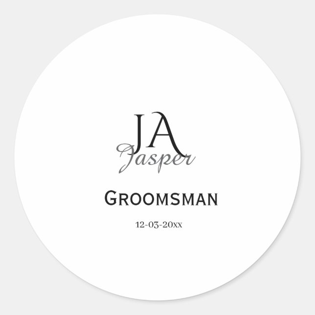 Monogram personalized groomsman best man name date classic round sticker (Front)