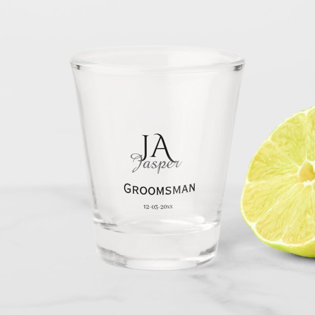 Monogram personalized groomsman best man name date shot glass (Front)