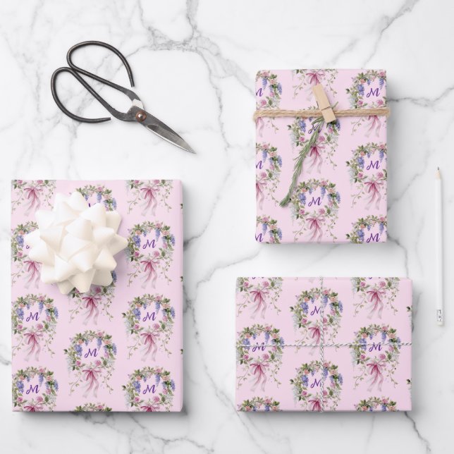 Monogram Personalized Initial Floral Wrapping Paper Sheet (Front)