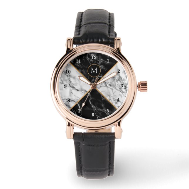 Monogram Personalized Watch Black White Marble (Front)