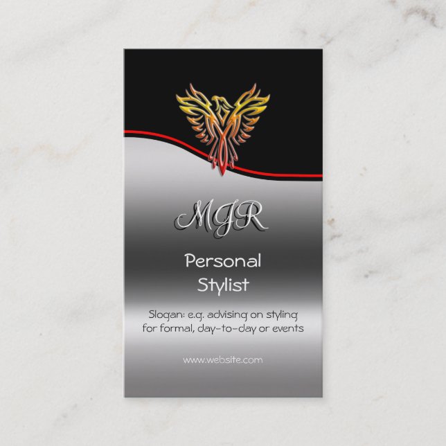 Monogram, Phoenix Personal Stylist, red swoosh Business Card (Front)