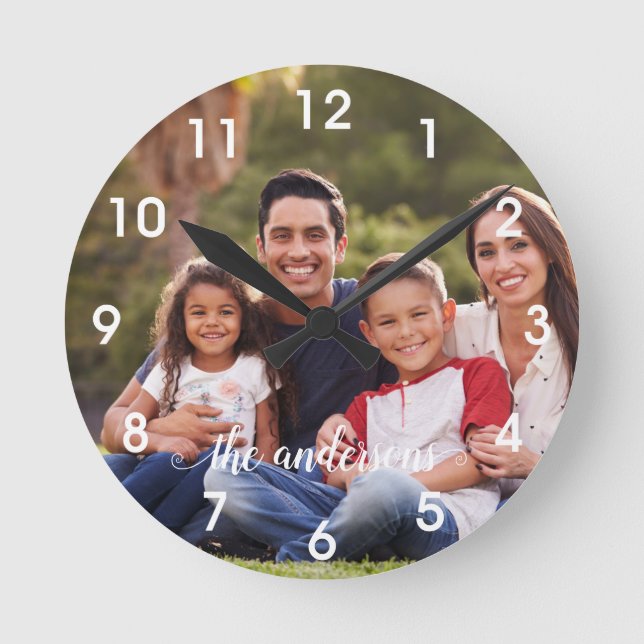 Monogram photo Calligraphy Handwritten Family Round Clock (Front)