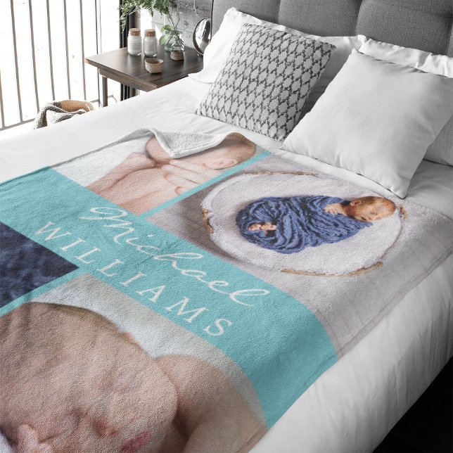 Monogram Photo Collage Aqua Blue Newborn Baby Fleece Blanket (Celebrate your newborn with this photo collage blanket that features a spot in the middle for a name)