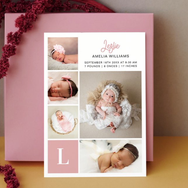 Monogram Photo Collage Baby Girl Birth  Announcement (Creator Uploaded)