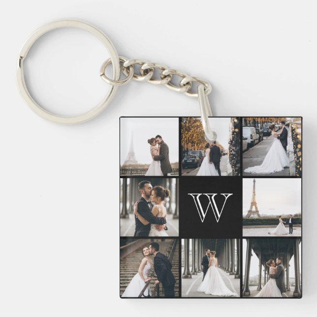 Monogram Photo Collage Black Gift Key Ring (Front)