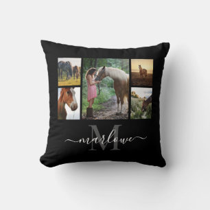 Monogram Photo Collage Black Horse Girl Name Cushion