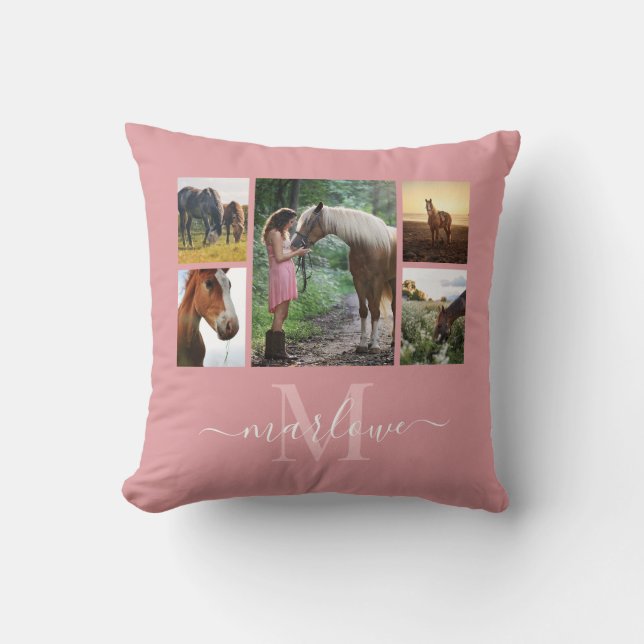 Monogram Photo Collage Blush Pink Horse Girl Cushion (Front)