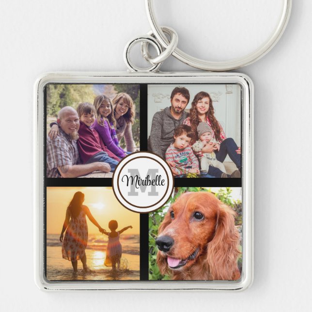 Monogram photo collage family black keychain (Front)