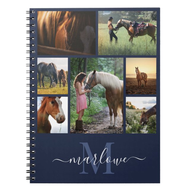 Monogram Photo Collage Navy Blue Custom Name Noteb Notebook (Front)
